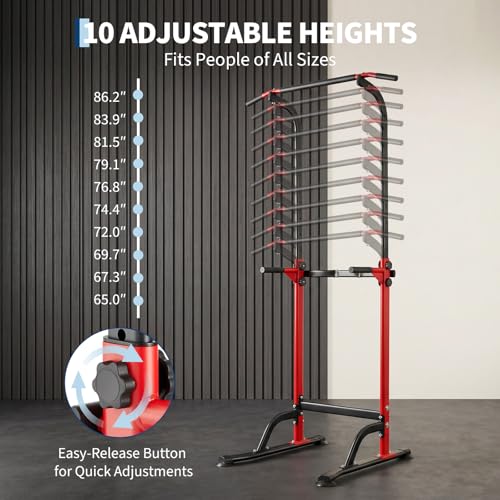Power Tower Pull Up Bar Station - 330 LBS Stable Multi-Function Gym Dip Station for Home Strength Training Equipment - 10 Adjustable Heights Heavy Duty Pull-Up Tower with h-Shaped Base & Push-Up - color: Red