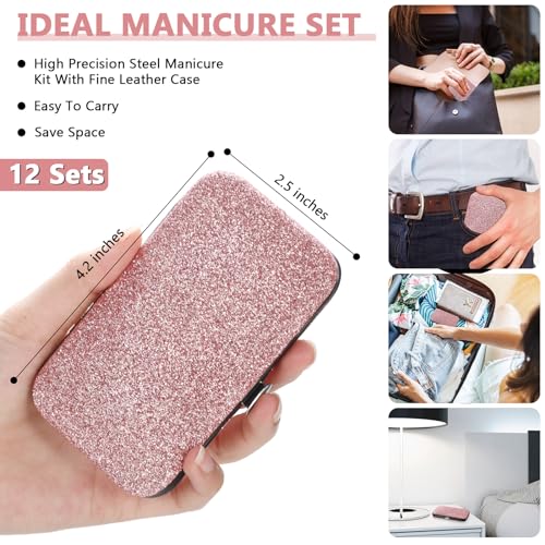 Geosar 12 Sets Manicure Set Nail Clippers Pedicure Kit 8 in 1 Grooming Stainless Steel Kits Nail Care Tools with Travel Case for Employee Coworker Teachers Nurse Gifts(Glitter Pink) - color: Glitter Pink