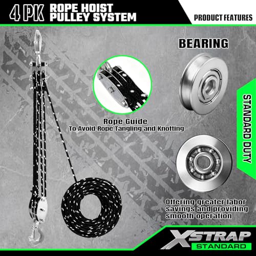 XSTRAP STANDARD Heavy-Duty 50 FT Reflective Rope Hoist Pulley System, Black | Metal Wheels Bearing 2000 LB Breaking Strength Block and Tackle Pulley System for Lifting Heavy Objects, with 2pcs Soft Loops - color: 50 Ft+Reflective Silver Black+2 Soft Loops