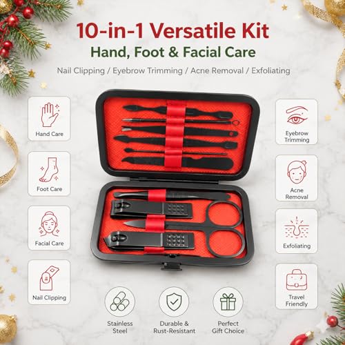 10-Pc Manicure Set, Stocking Stuffers for Men, Gift Ideal for Teen Boy | Precision Grooming Tools Tackle Fingernail, Toenail, and Cuticle Care, Christmas Choice for Boyfriend, Husband - color: Black
