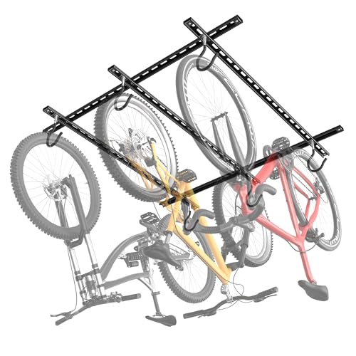 TORACK Ceiling Bike Rack for Garage, Ceiling-Mounted Bicycle Storage Hooks for 3 Bikes (Horizontal) or 6 Bikes (Vertical), Adjustable Overhead Bicycle Hooks for Mountain, Road Bike - style: 3 bikes horizontal