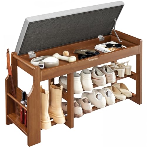 Pipishell 34″ Solid Pine Wood Shoe Rack Bench with Soft Cushion, 2 Tiers Shoe Storage Organizer with Lift-Top Storage and Side Holder, Holds up to 440 lbs, Shoe Bench for Entryway, Hallway, Bedroom - size: 33.6 Inch