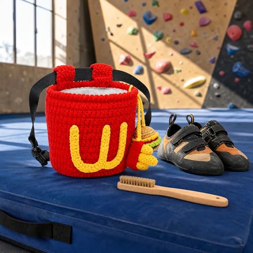 Cute Rock Climbing Chalk Bag, Soft Knitted Climbing Chalk Pouch with Drawstring & Adjustable Belt, Fit Bouldering, Gymnastics & Outdoor Activities for Climbers - color: Red