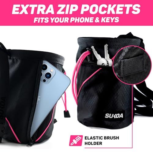 Chalk Bag for Rock Climbing - Rock Climbing Gifts Gear Accessories - Quick-Clip Belt, Large Zippered Pockets & Brush Holder - Weight Lifting, Gym, Bouldering, Disc Golf, Wall, Rock Climbing Chalk Bag - color: Sukoa Pink