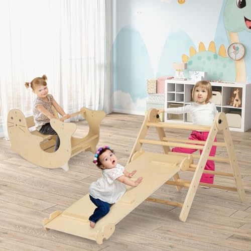 HONEY JOY 7 in 1 Climbing Toys for Toddlers, Wood Triangle Climber w/Ramp for Sliding or Climbing, Rocker, Foldable Montessori Triangle Climbing Arch Set for Daycare, Gym & Playground, Natural - style: 7 In 1 Natural
