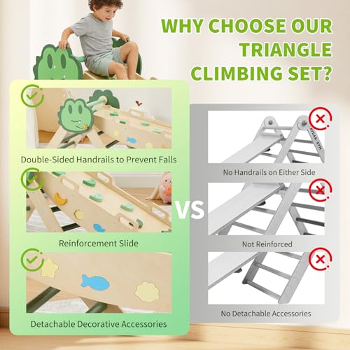 Takywep Pikler Triangle Set, 7-in-1 Foldable Pikler Triangle Climbing Toys Set with Arch & Ramp & Ladder, Indoor Playground Gym, Wooden Montessor Climbing Set for Kids Toddler - color: Green-frog