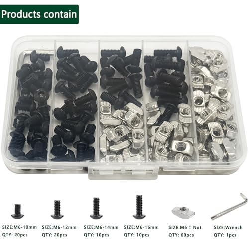 120 pcs M6 T Nut Screws Kit for 3030 3060 Aluminum Extrusion, 60 pcs Black M6x10/12/14/16mm Hexagon Socket Screws and 60 pcs M5 Drop in T-Nuts with 1 pcs M6 Hex Wrench - style: 120pcs 30 Series Screws Kit Black