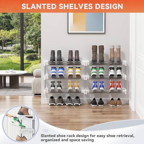 3 Tier for Wall Mounted Shoe Rack with Hook and Loop Sticky Adhesive Strips Shoe Shelf, Slim Shoe Rack Space Saving Design Wall Shoe Organizer for RV - color: White