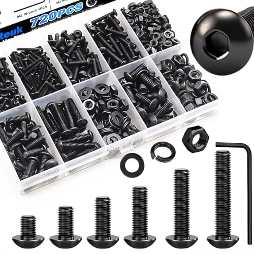 mxuteuk 720PCS M3 Screws Assortment Kit,6/8/10/12/16/20mm M3 Metric Screw,10.9 Grade Alloy Steel Metric Hex Button Head Cap Screws Nuts and Flat Washers for 3D Printing - size: 720PCS M3, style: Hex Socket Button Head