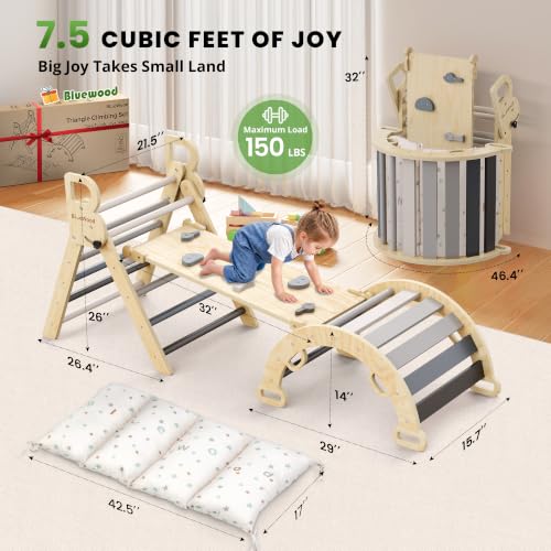 BlueWood Pikler Triangle Set with Cushion, 8-in-1 Climbing Toys for Toddlers, Montessori Philosophy Play Jungle Gym with Arch, Ramp, Ladder(Elegant Gray) | Foldable 8-in-1 Montessori Philosophy Toddler Climbing Toys Indoor with Reversible Ramp, Arch and L