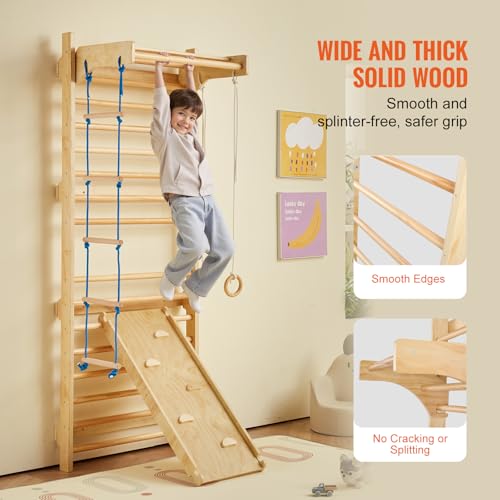 VEVOR Swedish Wall Gym, 15-Level 5 in 1 Wooden Indoor Jungle Gym, 220 lbs Load Capacity Playground Climbing Toys with Pull-Up Bar, Gymnastic Rings, Wall Ladder, Rope Ladder, and Slide Board - style: 15-Level 5 in 1