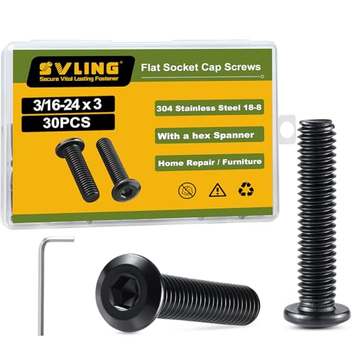 3/16-24 x 3" Bolt, 30PCS Flat Head Hex Socket Cap Screws Bolts, 304 Stainless Steel 18-8, Fully Threaded, Black Zinc Finish, with Hex Spanner - color: Black, size: 3/16-24 x 3