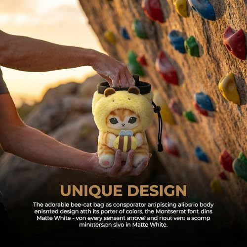 Cat Rock Climbing Chalk Bag, Fun Plush Animal Chalk Pouch with Drawstring, Adjustable Waist Belt for Indoor Outdoor Bouldering Sport Climbing - style: Large Bee Cat