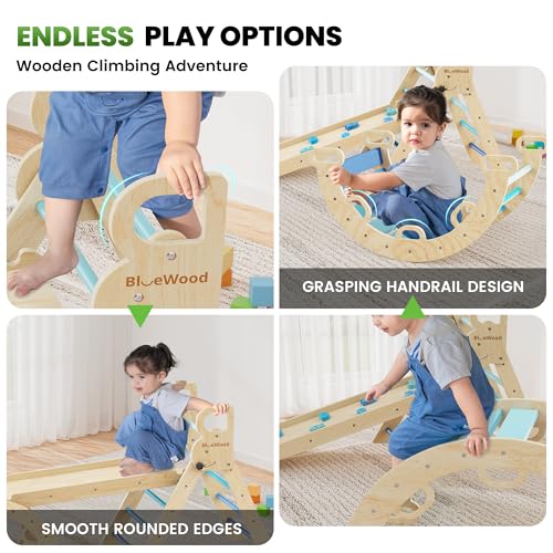 BlueWood Pikler Triangle Set with Safe Handle, Climbing Toys for 1-3 Year | Foldable 7-in-1 Montessori Toddler Climbing Toys Indoor, Wooden Pickler Climbing Set, Baby Jungle Gym & Playground, Sky Blue - color: Sky Blue