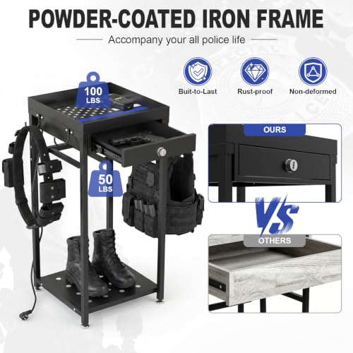 Police Gear Rack with Built-in Power Strip, Tactical Gear Organizer Stand for Duty Belt, Police Vest, Body Armor, Plate Carrier, Helmet Storage, Heavy Duty Gear Rack - size: Freestanding w/Combination Lock