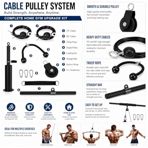 Cable Pulley System Gym,Fitness LAT and Lift Pulley System Dual Cable Machine with Upgraded Loading for Triceps Pushdown,Biceps Curl,Back,Shoulder Workouts Home Gym Equipment
