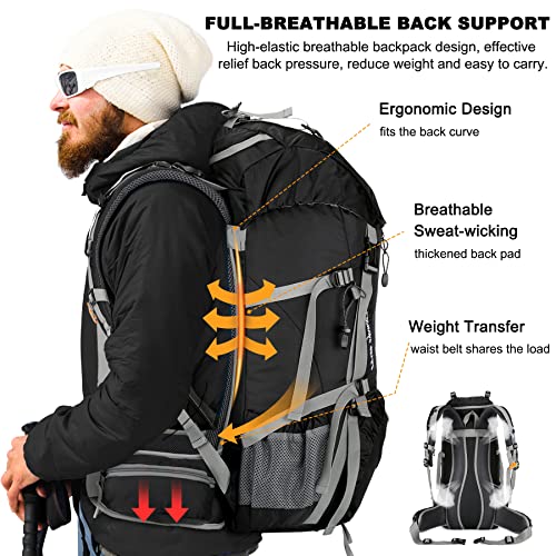 Loowoko 50L Hiking Backpack, Waterproof Camping Essentials Bag with Rain Cover, 45+5 Liter Lightweight Backpacking Back Pack - color: Black