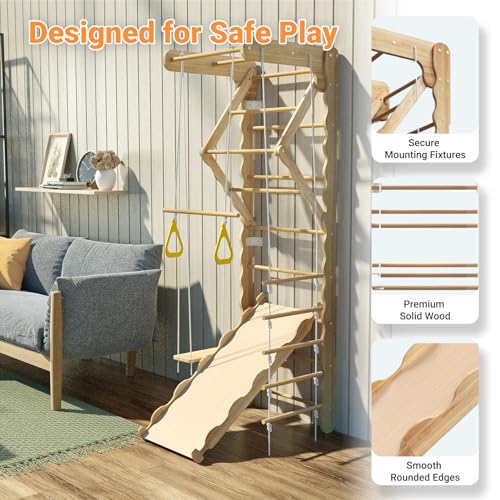 5-in-1 Wooden Indoor Jungle Gym for Kids, Wall-Mounted Swedish Ladder with Pull-Up Bar, Rings, Swing, and Slide – Montessori-Inspired Kids Playset for Fun & Development, Ages 3-8 - size: 5-in-1