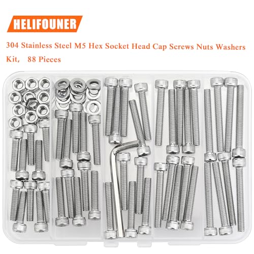 HELIFOUNER 88 Pieces M5 x 20mm /25mm /30mm /35mm /40mm, Hex Socket Head Cap Screws Bolts Washers Nuts Kit with Hex Wrench, 304 Stainless Steel - size: M5 Screw Kit (88 PCS)