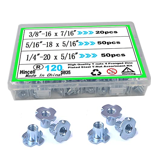 T Nuts 1/4"-20,5/16"-18, 3/8"-16,Hincell 120pcs Zinc Plated Steel T-Nut 4 Pronged Tee Blind Nuts Assortment Kit for Wood, Rock Climbing Holds, Cabinetry, Furniture,etc. - size: 1/4"-20,5/16"-18,3/8"-16(120pcs Assortment)