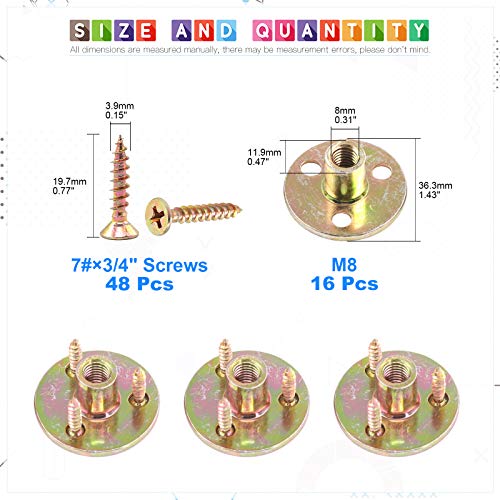 Glarks 64Pcs M8(5/16'') Brad Hole Tee Nut with Mounting Screws Set Zinc Plated Carbon Steel 3-Hole T-Nuts Furniture Hardware Flange Insert Female Thread for Wood Furniture - size: 5/16''(M8) - 64Pcs