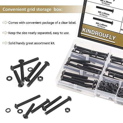 202 Pieces Black M5 x 30/35 /40/45 /50 mm Button Head Socket Cap Screws Nuts Washers Assortment Kit, 10.9 Grade Alloy Steel - size: M5 x 30/35/40/45/50mm, style: Button Head