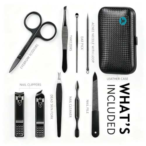 HANTEKAS Manicure Set 9 in 1 Stainless Steel, Nail Clippers Scissors Pedicure Tools Kit - Portable Travel Grooming Kit for Men and Women with Black/Blue Leather Case (Blue) - color: Blue