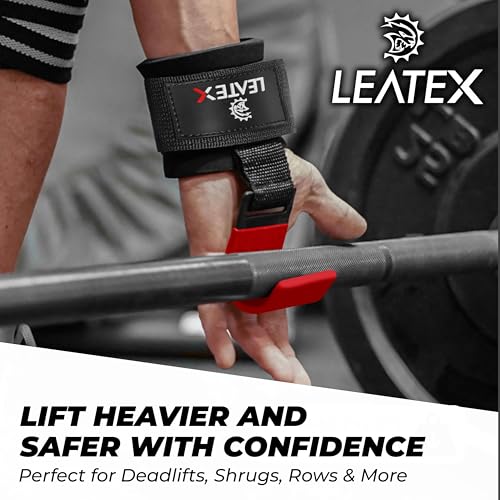 Weight Lifting Hooks (Pair) for Deadlifts, Pull Ups, Rows & Shrugs - Anti-Rip Nylon Strap Hand Grips with Thick Wrist Padding - Heavy Duty Wrist Straps for Weightlifting & Gym Workouts - color: Red