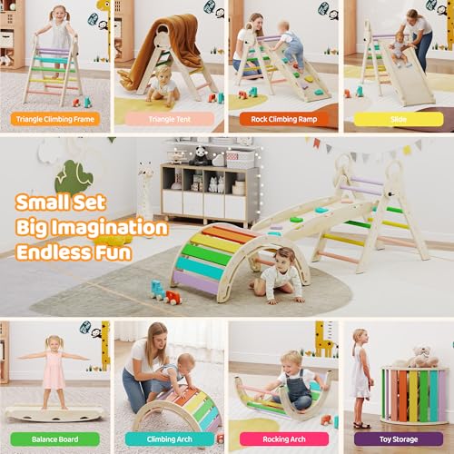 Pikler Triangle Set, 7-in-1 Foldable Toddler Climbing Toys, Indoor Playground for Kids, Montessori Climbing Set Gift, Wooden Baby Jungle Gym, for Toddlers 1-3 (Rainbow) - size: 7-in-1