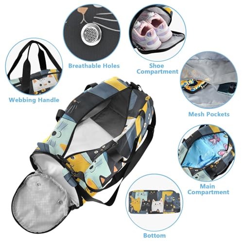 Kids Sports Duffel Bag for Boys & Girls - Cartoon Cat Patterns 100% Polyester Gym Bag with Separate Shoe Compartment, Adjustable Shoulder Strap, Compact Travel & Workout Gear Bag - color: Cartoon Cat Patterns