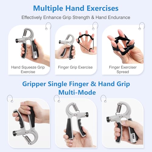 CYFIE Grip Strength Trainer Kit, Adjustable 10-132 lb, Hand Exerciser | Forearm Strengthener, Finger Stretcher, Stress Ball and Bag for Grip Recovery, Wrist Training, Rehab, Climbers and Musicians - color: Gray