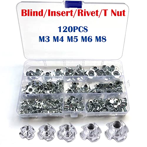 120 Pcs M3 M4 M5 M6 M8 Zinc Plated Carbon Steel T-Nuts Four Claws Nut Assortment Kit for Wood, Rock Climbing Holds, Cabinetry, Furniture