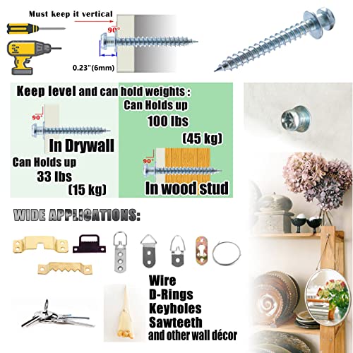 Silver Bear Claw Screws, Double-Headed Drywall Picture Hanger, 40 | Anchorless self-tapping wall hooks for D-rings, sawtooth & keyholes, picture hanging hardware screws for frames & mirrors - style: Silver-Short