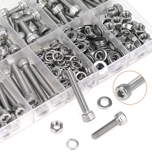 HELIFOUNER 212 Pieces M5 x 8mm /10mm /12mm /16mm /20mm /25mm /30mm, Hex Socket Head Cap Screws Bolts Washers Nuts Kit, 304 Stainless Steel - size: M5 Screw Kit (212 PCS)
