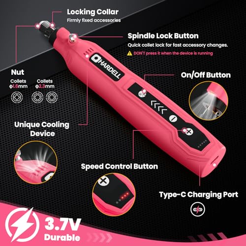 HARDELL Mini Cordless Rotary Tool, 5-Speed 3.7V Rechargeable Rotary Tool Kit with 69 Accessories, USB Charging Multi-Purpose DIY Tool for Sanding, Polishing, Drilling, Engraving(Pink 69pcs) - style: Pink-3.7v