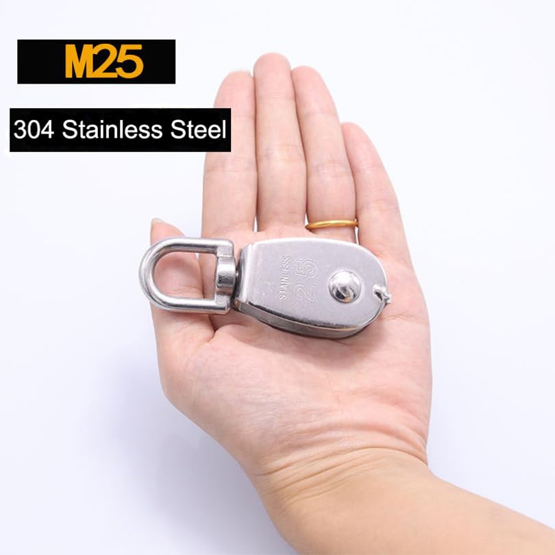 2Pcs M25 Single Pulley Block 304 Stainless Steel Swivel Cable Pulleys Wheel for Lifting/Hanging Pulley System, Heavy Duty Rope Single Wheel Kit, Max-Load 150kg/330lbs