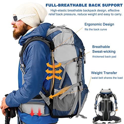 Loowoko 50L Hiking Backpack, Waterproof Camping Essentials Bag with Rain Cover, 45+5 Liter Lightweight Backpacking Back Pack - color: Dark Blue