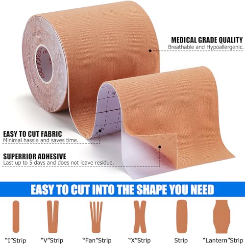 3 Rolls Kinesiology Tape, Waterproof, 3in x 5.5yd, Beige | Waterproof & Sweat-Resistant, Breathable Latex-Free Cotton, For Shoulder, Knee, Fit Sports, Workouts & Active Training - color: Beige 3in