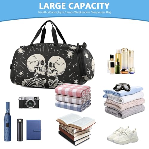 Kids Sports Duffel Bag for Boys & Girls - Romantic Skeletons Skull Love 100% Polyester Gym Bag with Separate Shoe Compartment, Adjustable Shoulder Strap, Compact Travel & Workout Gear Bag - color: Romantic Skeletons Skull Love