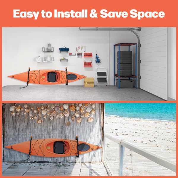 RAD Sportz Kayak Storage Hooks - Set of 2 Wall-Mounted Hangers with 125lbs Capacity for Kayaks, Surfboards, Paddleboards, or Snowboards (Orange)