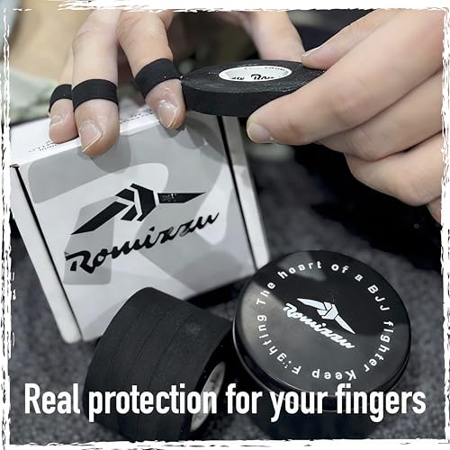 BJJ Finger Tape with Metal Storage Tin - 6 Rolls (26ft) Grappling Tape, MMA | Breathable cotton, residue-free tape offers strong finger support. Great for wrestling, rock climbing, Jiu Jitsu. 0.3in wide - color: Black