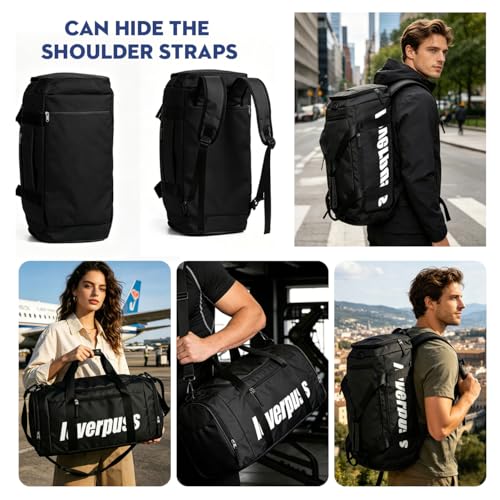 3-in-1 Gym Duffle Backpack - 35L Waterproof Sports Travel Bag with Shoe Compartment & Wet Dry Pocket, Convertible Backpack/Handbag/Shoulder Bag for Men Women, Black (Black) - color: Black