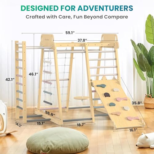 Upgraded Indoor Jungle Gym 9-in-1 Playground Kids Climbing Toys | Waldorf Style Wooden Climber Playset with Slide, Swing, Monkey Bars, Upright/Rope Ladder, Climb Net, Pink - color: Pink