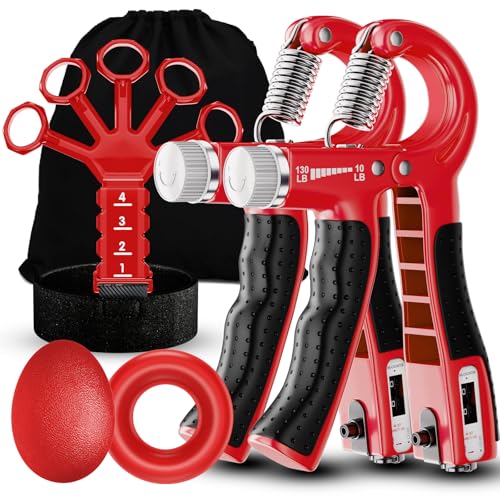 ACOTANT Grip Strength Trainer(5 Pack) with Finger Exerciser, Hand Grip Strengthener, Finger Stretcher,Grip Ring & Stress Relief Ball for Muscle Building and Injury Recover with Carry Bag - color: RED