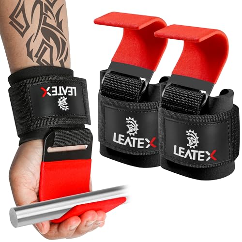 Weight Lifting Hooks (Pair) for Deadlifts, Pull Ups, Rows & Shrugs - Anti-Rip Nylon Strap Hand Grips with Thick Wrist Padding - Heavy Duty Wrist Straps for Weightlifting & Gym Workouts - color: Red