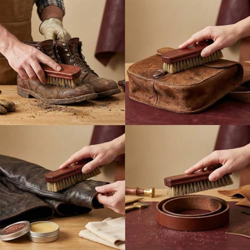 6" Shoe Brush Set, 3-Stiffness Horsehair Boar Nylon | 100% Horsehair, Boar Bristle, Stiff Nylon Bristle; For Leather & Boots Cleaning & Polishing; Beech Wood Handle