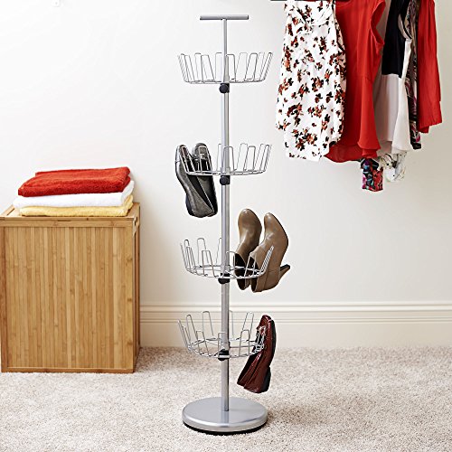 Household Essentials 4-Tier Revolving Shoe Tree, Heavy-Duty Steel with Stabilized Base, Holds 24 Pairs of Shoes, Great for Most Styles, Chromelike Finish - color: Silver