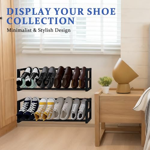 2 Pack Narrow Wall Mounted Shoe Rack for Small Spaces, Hanging Shoe Rack Holds 8 Pairs, 17"-30"Adjustable Heavy Duty Wall Shoe Storage with 4 Storage Hooks,Space Saving for Closet Entryway Door,Black