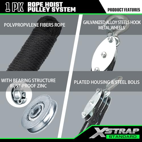 XSTRAP STANDARD Rope Hoist Pulley System, 1000LB Capacity Block and Tackle, 5:1 Lifting Power 50ft Heavy Duty Pulley Block for Hunting Lifting Objects with Work Gloves, 2pcs Soft Loops, 1 Swing Hanger - color: 50 Ft+Silver Black+1 Swing Hanger