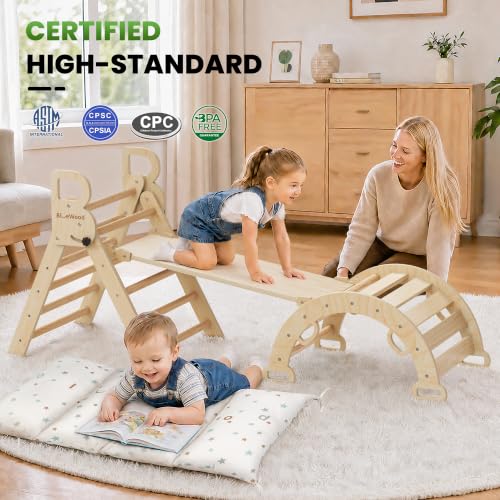 BlueWood Pikler Triangle Set with Cushion, Wooden Climbing Toys for Toddler | Foldable 8-in-1 Montessori Philosophy Toddler Climbing Toys Indoor with Reversible Ramp, Arch and Ladder - Natural Wood - color: Natural Wood